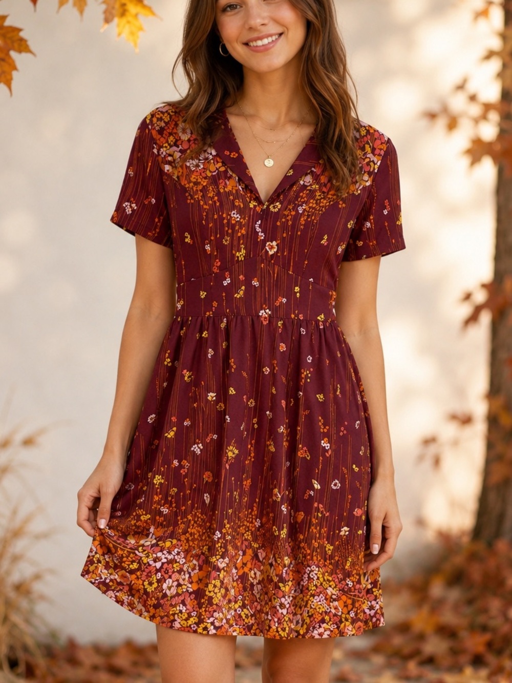 ModCloth Burgundy Dress Fit & Flare Medium Lively Identity Floral Retro 60s 70s
